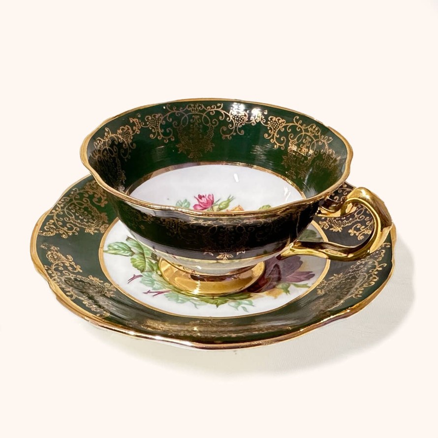 Teaware Woodlands | Vintage Forest Green Floral With Gold Trim Teacup & Saucer